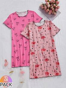 SHEIN 2件套 女童可爱蝴蝶结火烈鸟印花舒适长款睡衣家居服套装 - 彩色 - 查看 5