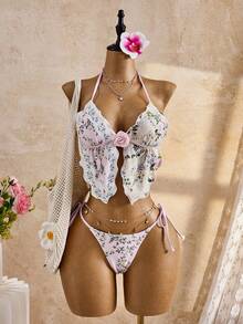 Bellisia 女士26SS春夏沙滩装，女士比基尼套装，两件套，优雅浪漫甜美可爱碎花沙滩度假装，精致3D立体花卉装饰，可拆卸胸垫三角比基尼套装 - 彩色 - 查看 4