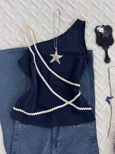 Rina Fox Casual Fashion Woven Strap Asymmetric Sleeveless Women Top