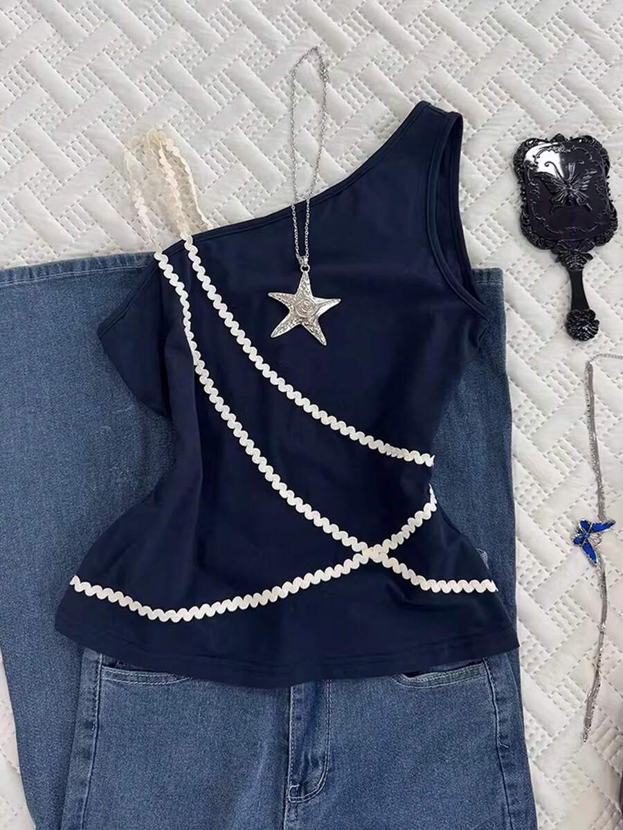 Rina Fox Casual Fashion Woven Strap Asymmetric Sleeveless Women Top - Navy Blue - View 1