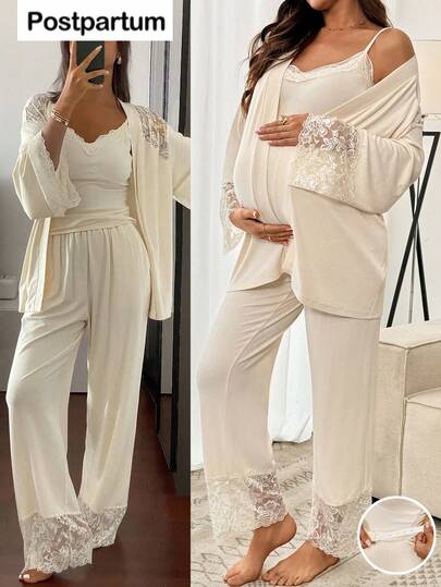 SHEIN 3pcs Maternity Set: Solid Color Lace Patchwork Jacket, Camisole, And Pants