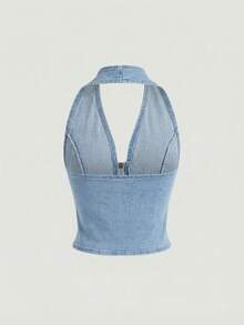 SHEIN MOD Women's Y2K Zip Front Halter Neck Denim Top - Light Wash - View 2