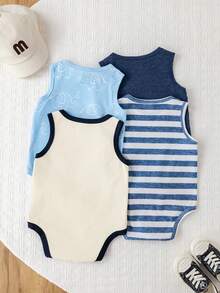 SHEIN 4pcs/Set Newborn Unisex Baby Boy/Girl Cute Elephant Print Sleeveless Romper Outfit Set, Spring/Summer Baby Clothes - Blue - View 2