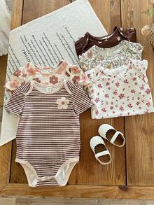 SHEIN Bộ áo liền quần tay ngắn in họa tiết dễ thương, thoải mái cho bé gái sơ sinh, nhiều màu sắc, thích hợp cho mùa hè. - Nhiều màu - Xem 7