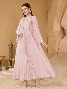 SHEIN Najma Đầm dài tay nữ thanh lịch thêu ngọc trai, phối nhiều mảnh, xếp ly phía trước. - Màu Hồng baby - Xem 3