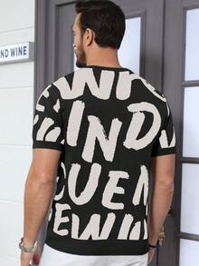 Claim Dot 男士圆领撞色短袖休闲时尚针织衫 短袖T恤 圆领T恤 针织T恤 男士字母印花T恤 黑白印花T恤 - 黑色 - 查看 2