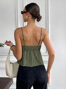 Serisse Women's Striped Spaghetti Strap Tie-Up Ruffle Hem Summer Fashion Camisole - Dark Green - View 2
