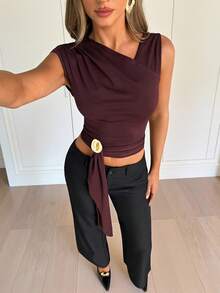 Siren Gaze 女士纯色不对称领口无袖上衣，侧边系带设计，休闲上衣；时尚无袖女士裹身交叉上衣，饰有金属扣；乡村音乐节上衣；棕色上衣；外出上衣；派对上衣；夏季休闲装；深棕色上衣；棕色露脐上衣；巧克力棕色上衣；咖啡棕色上衣；系带上衣 - 棕色 - 查看 3