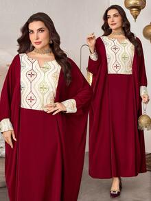 Al Najma Embroidered V-Neck Batwing Dress, Spring/Summer - Burgundy - View 2