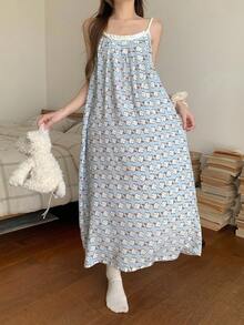 DAZY Happy Dog Cartoon Print Full-Length Slip Dress For Women - Blue - View 5