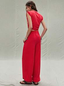 SoleilVie Women's Solid Color Stand Collar Asymmetric Hem Cap Sleeve Top And Lantern Pants Casual 2 Pieces Set Red Two Piece Outfit Women Red Casual Set Women Red Crop Top And Pants Set Red Wide Leg Pants Women Red Sweatpants Women Red Pants And Top Set - Red - View 2