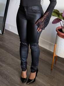 Tyla Gomez Yuwenier Rave High Waist Stretchy Multi-Pocket Thermal Lined Warm PU Leather Skinny Cropped Pants Daily Casual Comfort Tapered Trousers Music Festival - Black - View 4