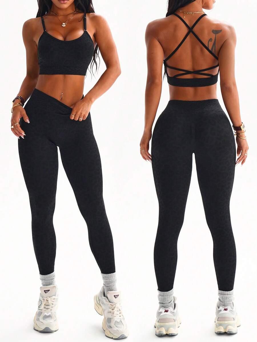 Seamluxe SHEIN Sport Bộ đồ thể thao nữ 2 món gồm áo ngực và quần legging lửng 3/4 không đường may, họa tiết da báo, có thể điều chỉnh độ dài, họa tiết đan chéo. - màu đen - Xem 1
