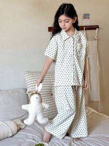 Dazy Kids Tween Girl Polka Dot Collar Single-Breasted Mid-Sleeve Top And Wide-Leg Pants Casual Loungewear Pajama Set - Multicolor - View 2