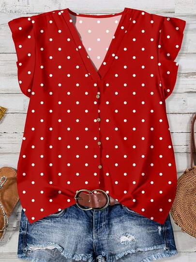 EMERY ROSE Blusa de mujer con estampado de lunares en blanco y negro, de estilo vintage, elegante y versátil, cómoda, con cuello en V, abotonadura y mangas abullonadas, adecuada para primavera/verano