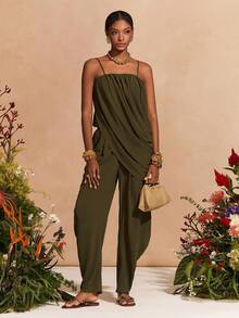 Zivah 2026春夏新款音乐节、复活节、圣帕特里克节、情人节、约会、西部风、游牧风、生日派对、毕业典礼、大学、波西米亚风、通勤、早午餐、机场、派对服装，吊带褶皱上衣口袋设计胡萝卜裤亚麻绿两件套 - 軍綠色 - 查看 4