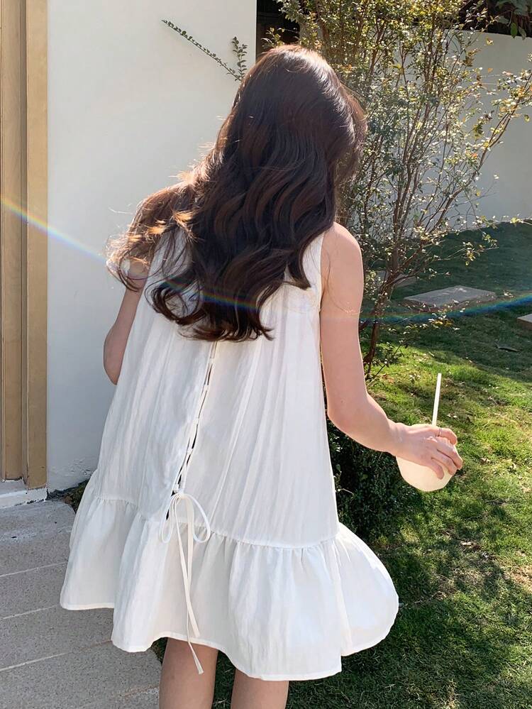 Women's V-Neck Sleeveless Backless Tie Casual Mid-Length Camisole Shirt