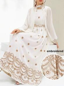 Al Najma Women's Contrast Color Printed Long Sleeve Arabic Style Dress  Arabic-Style Long Kaftan Robe, Arabic Women's Dress, Turkish Dress, Abaya Robe, Traditional Women's Dress Arabic Style Long Dress Kaftan Jalabiya Dress Arabic Dress For Women Turkish Dress Abaya Dress Abaya For Women Summer Dress   White Dresses For Women - Beige - View 8