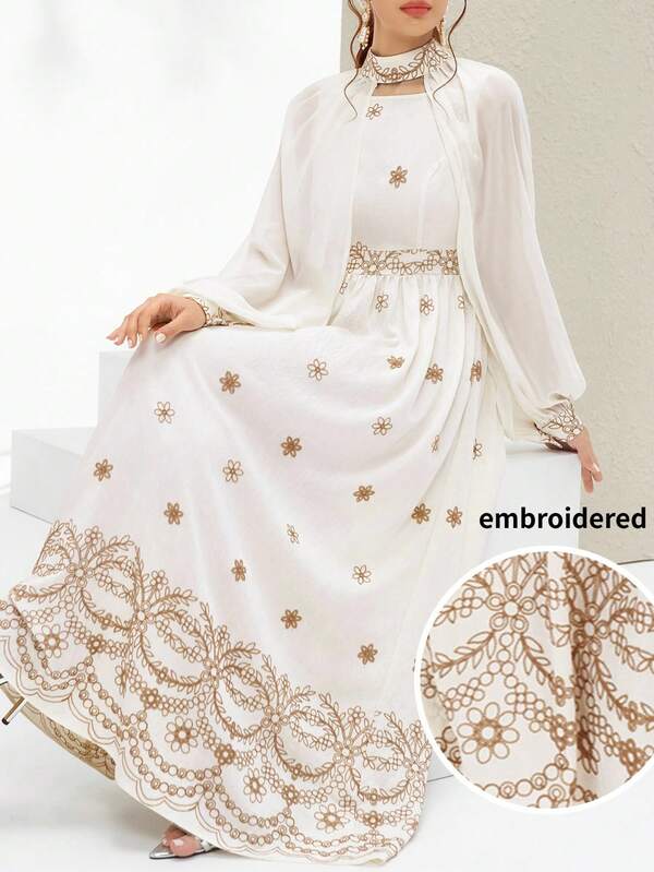 Al Najma 女士撞色印花长袖阿拉伯风格连衣裙