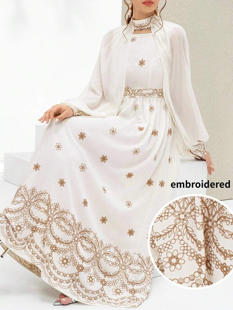 Al Najma 女士撞色印花长袖阿拉伯风格连衣裙 - 米色 - 查看 1