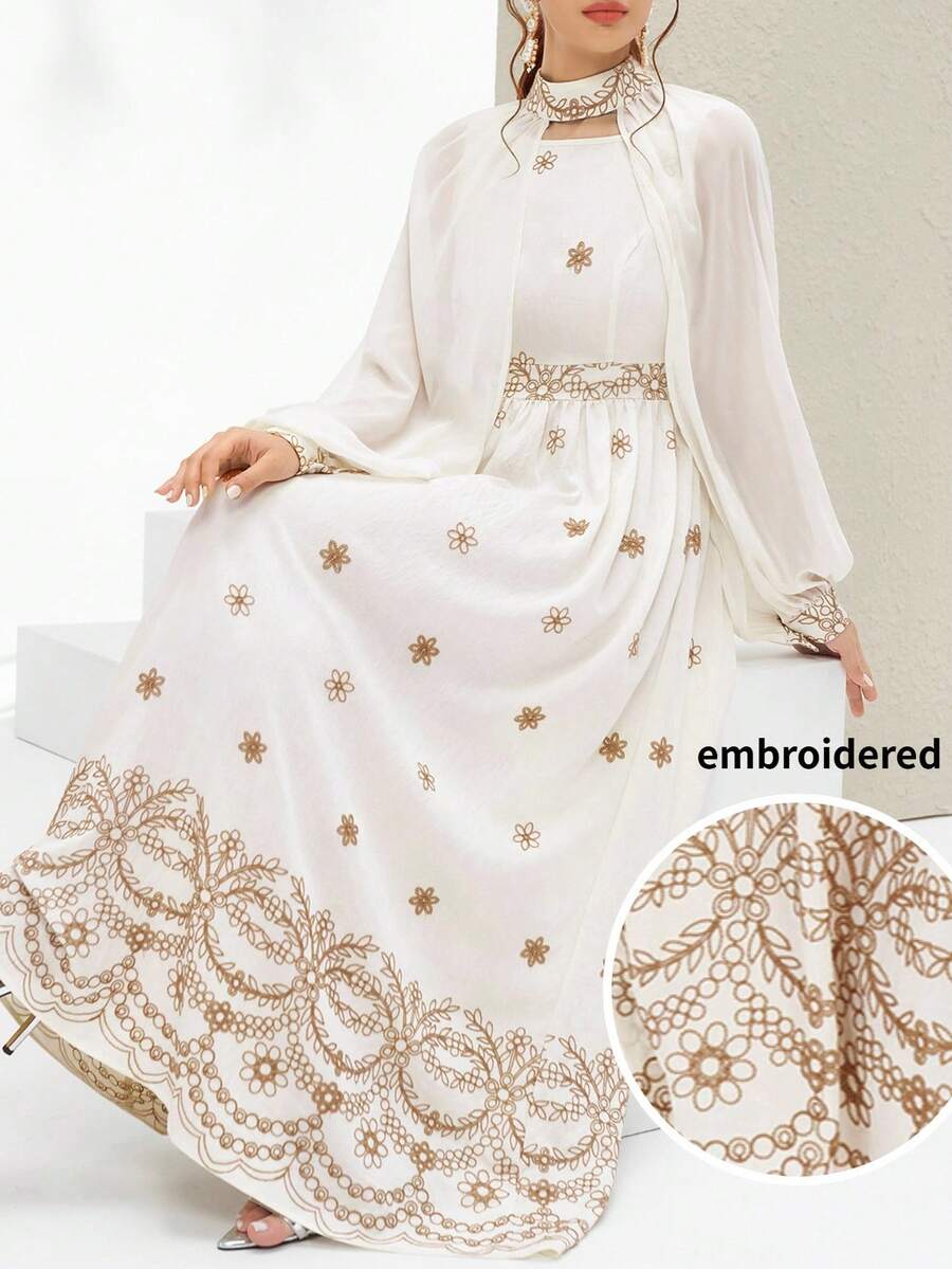 Al Najma 女士撞色印花长袖阿拉伯风格连衣裙 - 米色 - 查看 1