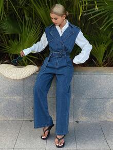 DAZY 女士翻领无袖长款休闲牛仔连体裤和背带裤 - 中等水洗藍 - 查看 7