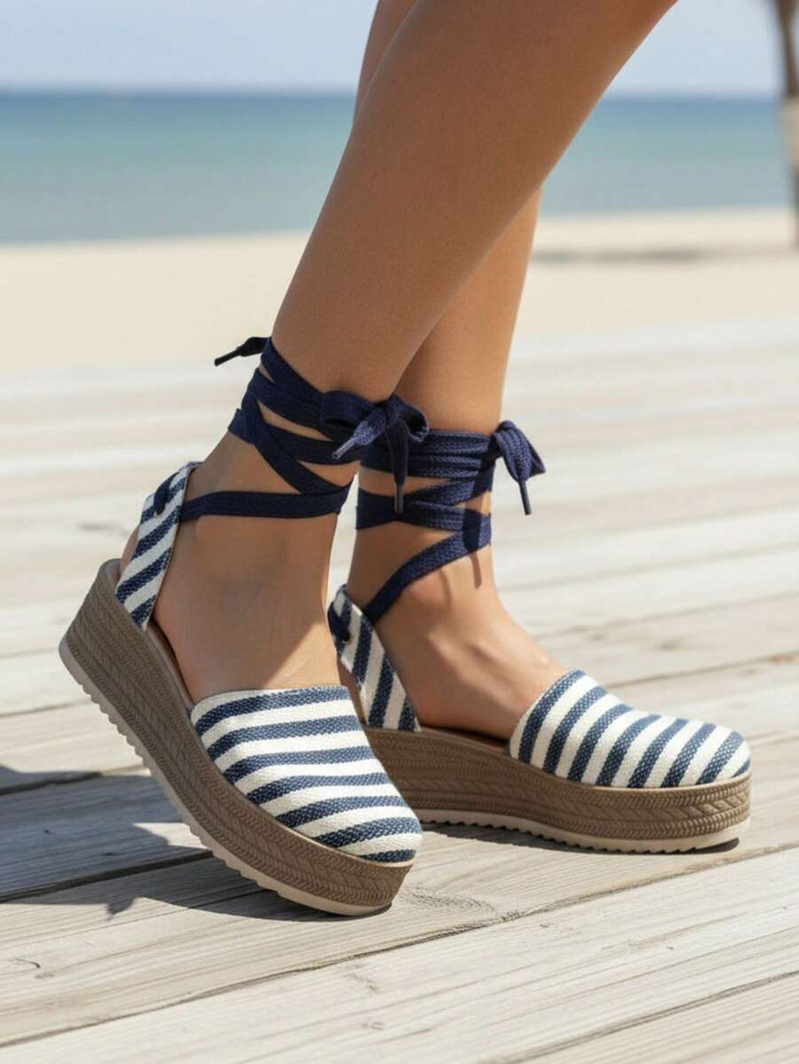 Platform Espadrilles With Ankle Straps In Beige, Black And Blue: Versatility, Freshness And Style For Spring-Summer - Blue and White - View 1