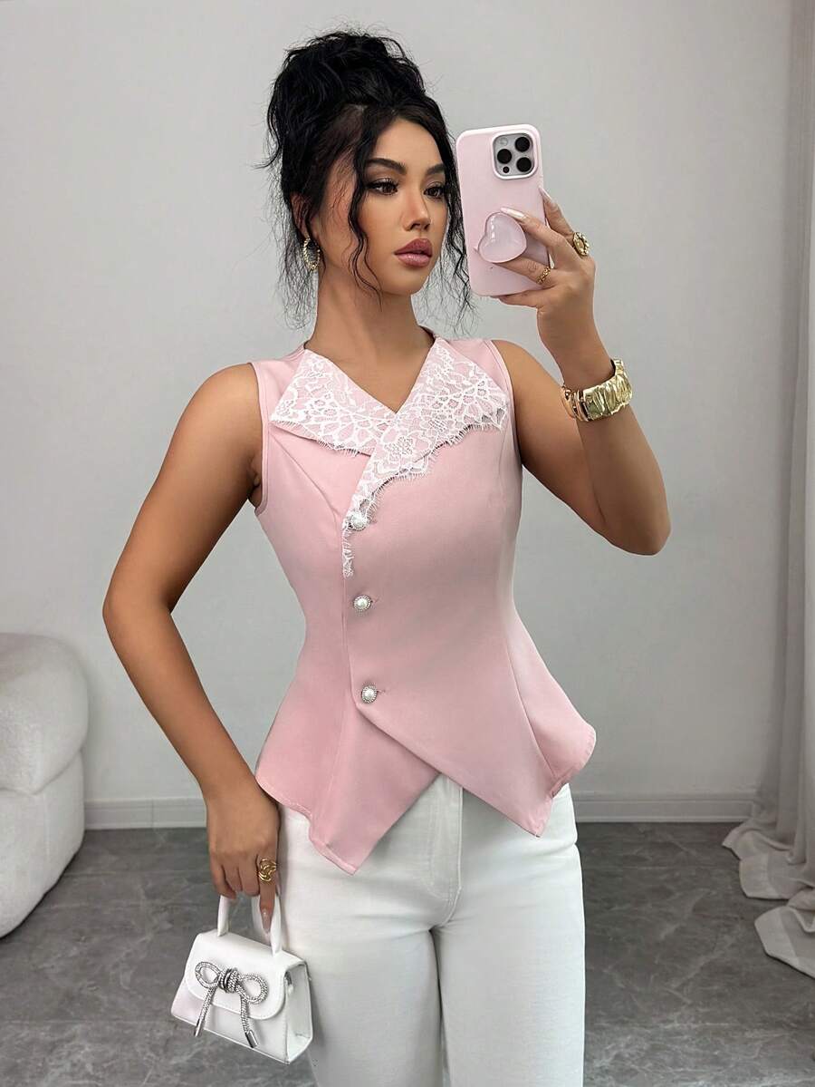 Selianne Women's Contrast Lace Single-Breasted Elegant Fashion Vest - Pink - View 1