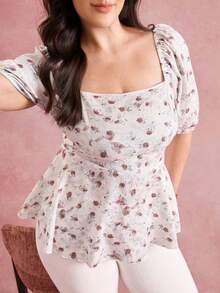 GlowEve CURVE 大码女式提花方领泡泡袖褶皱腰部荷叶边下摆碎花休闲优雅衬衫 - 粉色 - 查看 5