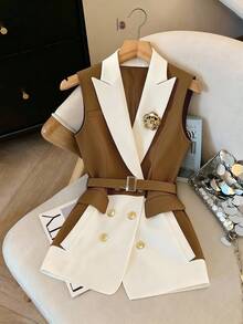 SHEIN PETITE CURVE Plus Size Women Elegant Lapel NeckContrast Color Sleeveless Blazer - Multicolor - View 7