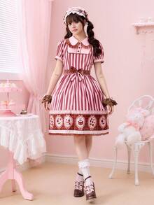 ROMWE Kawaii Đầm midi phối ren, họa tiết sọc, cổ ve áo, họa tiết món tráng miệng sô cô la dễ thương dành cho nữ. - Nhiều màu - Xem 8