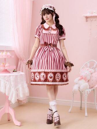 Kawaii Vestido midi con estampado a rayas, cuello con encaje y parches para mujer, con diseño lindo de postre de chocolate