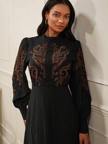 Lilora Women's Elegant Embroidered Puff Sleeve Button Design Dress - Black - View 1