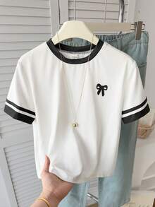 SHEIN 女童基础款修身撞色领蝴蝶结印花针织纯色T恤，白色 - 白色 - 查看 5