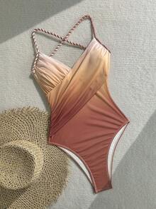 Soleia Women's Ombre Criss-Cross One-Piece Swimsuit, Fashionable For Vacation - Multicolor - View 6