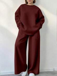 EMERY ROSE Bộ đồ nữ cỡ lớn, màu trơn, cổ tròn, tay dài và quần ống rộng, kiểu dáng thường ngày. - Nhiều màu - Xem 3