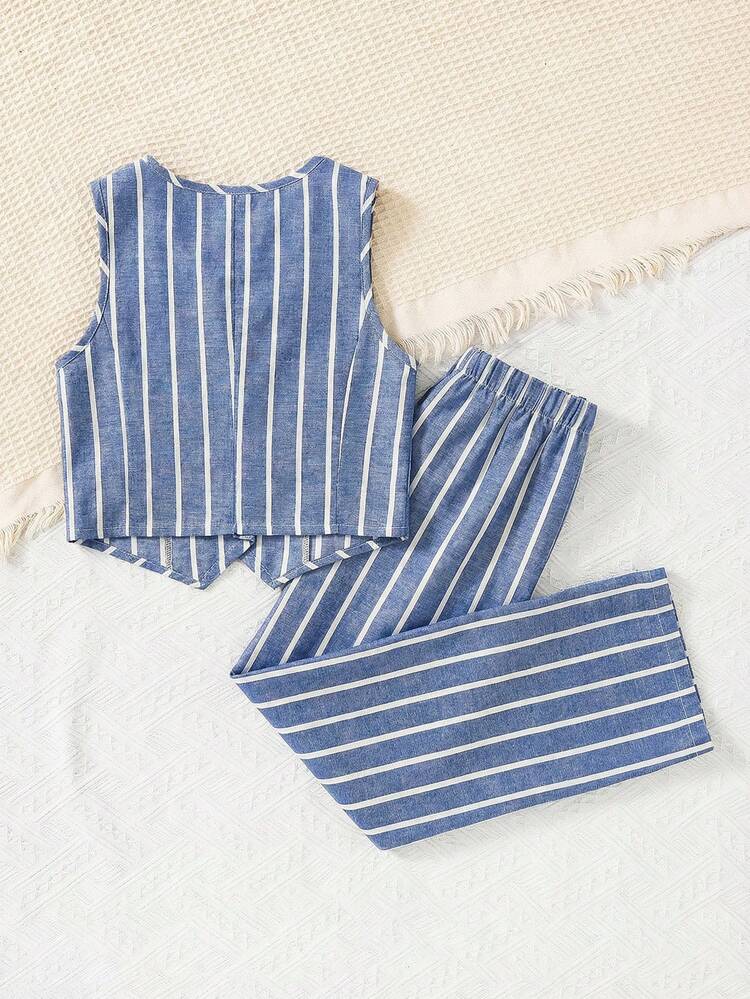SHEIN Conjunto de 2 piezas de chaleco a rayas y pantalones de pierna ancha informal para vacaciones de niñas preadolescentes - Azul y blanco - Ver 8