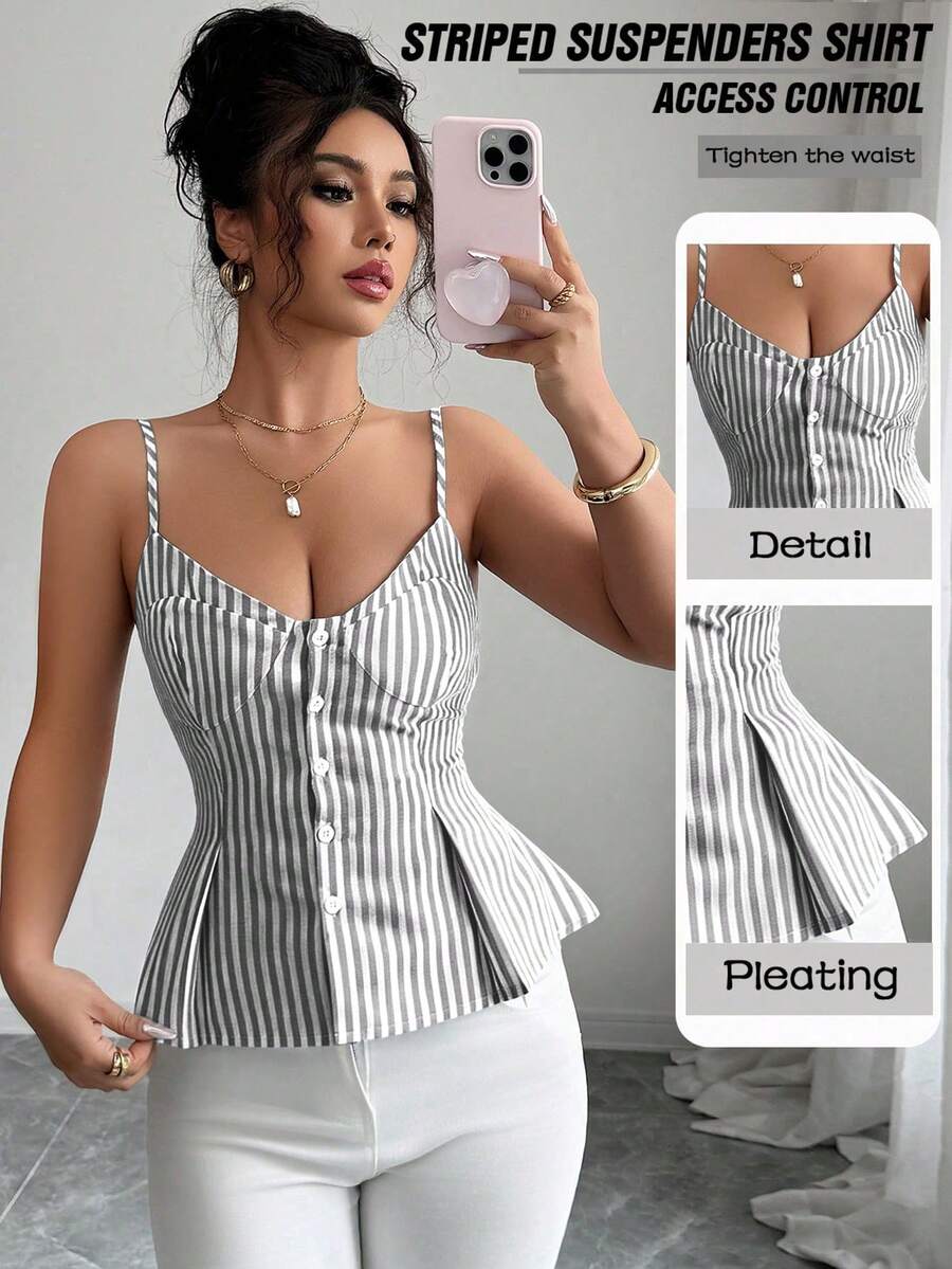 Elenzga Camiseta de algodón con rayas, botones y pliegues elásticos, estilo bohemio para vacaciones de primavera/verano - Negro - Ver 1