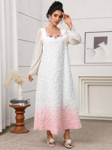 Yasmyna 女士优雅阿拉伯风雪纺连衣裙，采用纹理渐变拼接设计，长袖，立领，A字廓形，春夏款 - 彩色 - 查看 5