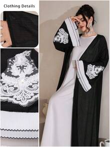 Al Najma Women's Floral Embroidery Pattern Casual Versatile Daily Wear Arabic Style Flare Sleeve Robe - Black - View 9