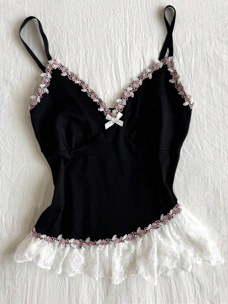 SHEIN Women's Elegant Contrast Color Lace Patchwork Camisole, Summer - Black - View 1