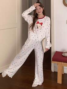 DAZY 女士秋季两件套快乐狗狗印花星星图案宽松长袖长裤睡衣套装 - 米色 - 查看 8