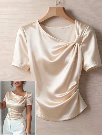 GlowEve New Knitted Elastic Satin-Faced French Casual Elegant Chic Fashion High-End Oblique Collar Fitted Ruched Slimming & Elongating Top, Versatile Women's T-Shirt For Daily Wear