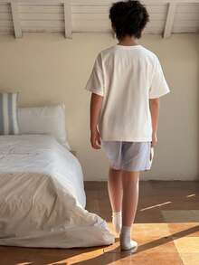 DAZY Tween Boy Comfortable Dog Print Round Neck Short Sleeve T-Shirt And Striped Shorts Pajama Set, Summer - White - View 7