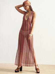 Bohemela 女士休闲针织条纹V领修身长连衣裙 - 彩色 - 查看 6