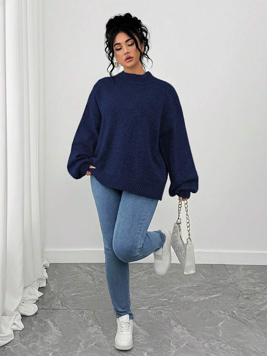 SHEIN Tall CURVE 大码休闲落肩圆领长袖毛衣 - 寶藍色 - 查看 1