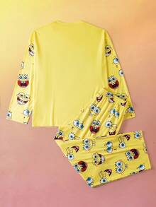 SpongeBob SquarePants | SHEIN Plus Size Men Cartoon Pattern Crew Neck Long Sleeve T-Shirt And Pants Pajama Set, Comfortable For Autumn - Yellow - View 2