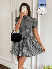 Serisse Rochie scurtă de vară pentru femei, în carouri, cu mâneci bufante - Multicolor - Vizualizare 3