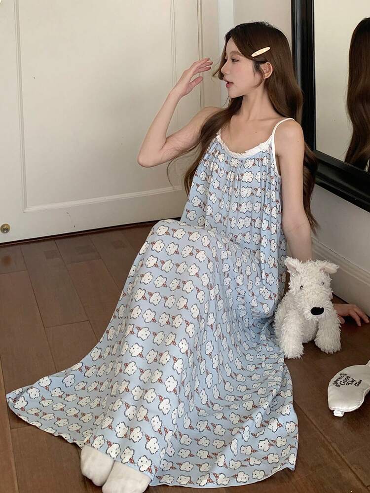 Happy Dog Cartoon Print Full-Length Slip Dress For Women