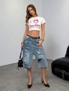 HELLO KITTY AND FRIENDS | SHEIN 女士 Y2K 字母猫咪图案短款短袖 T 恤，夏季 - 白色 - 查看 4